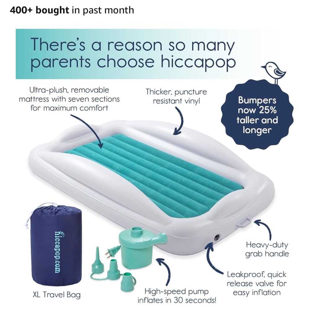 hiccapop Inflatable Toddler Travel Bed with Bumpers - Teal and White